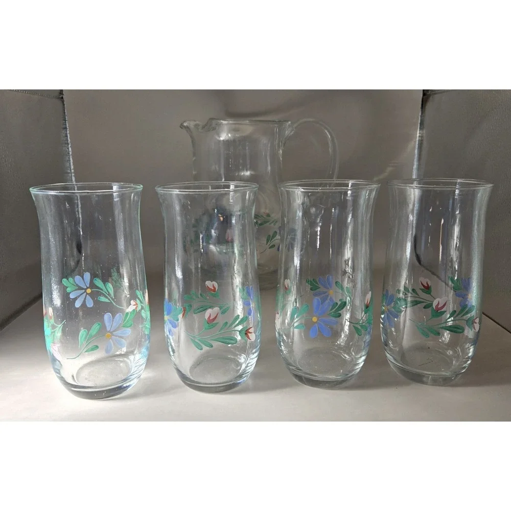 Vintage Pitcher 4 Glasses Floral Design Glass With Ice‎ Guard